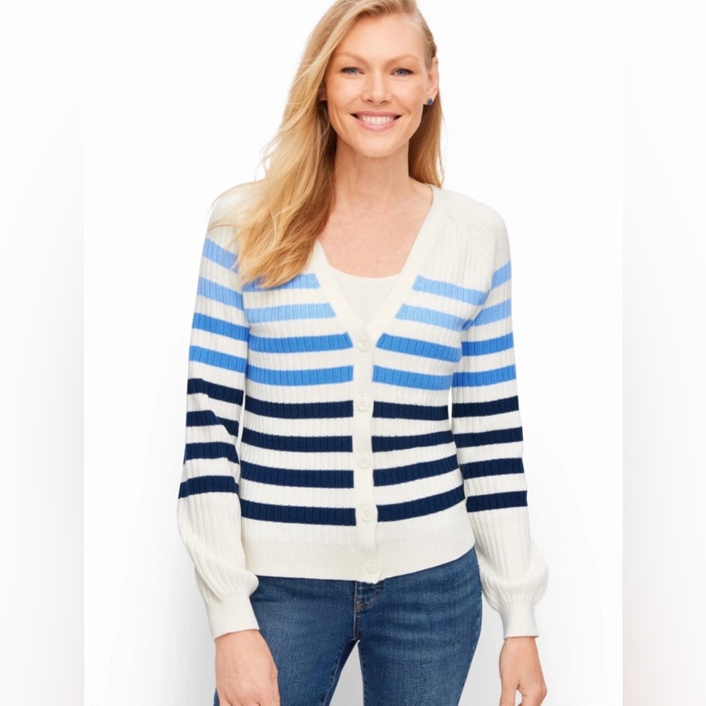 TALBOTS XL IVORY/MULTI BLUEBRETON STRIPED V-NECK SWEATER EUC